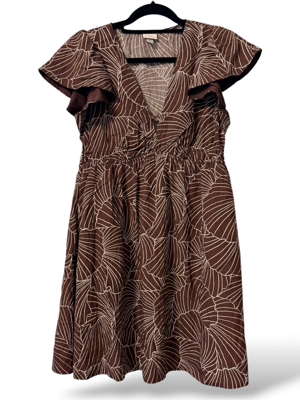 A New Day Brown Leaf Print Mini Dress Small Flutter Sleeve V-Neck - Picture 2 of 8